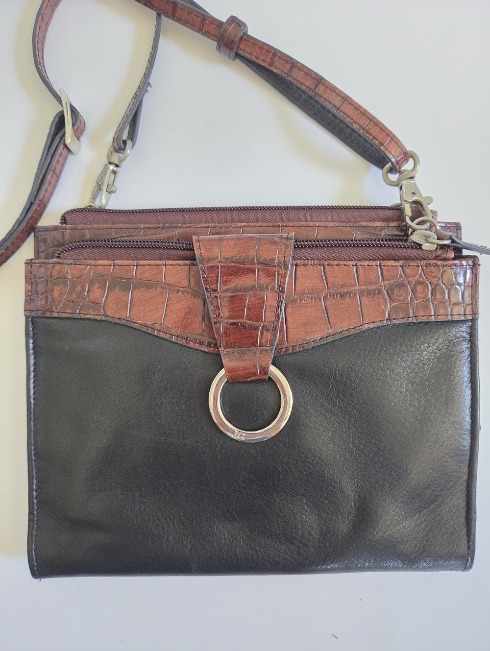 VTG Jack Georges black leather brown croc embossed crossbody purse wallet - Picture 2 of 10